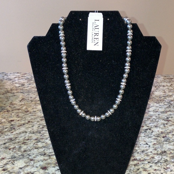 Lauren Ralph Lauren Gunmetal Beaded Necklace Rhinestone Accents Toggle Closure - Picture 1 of 6